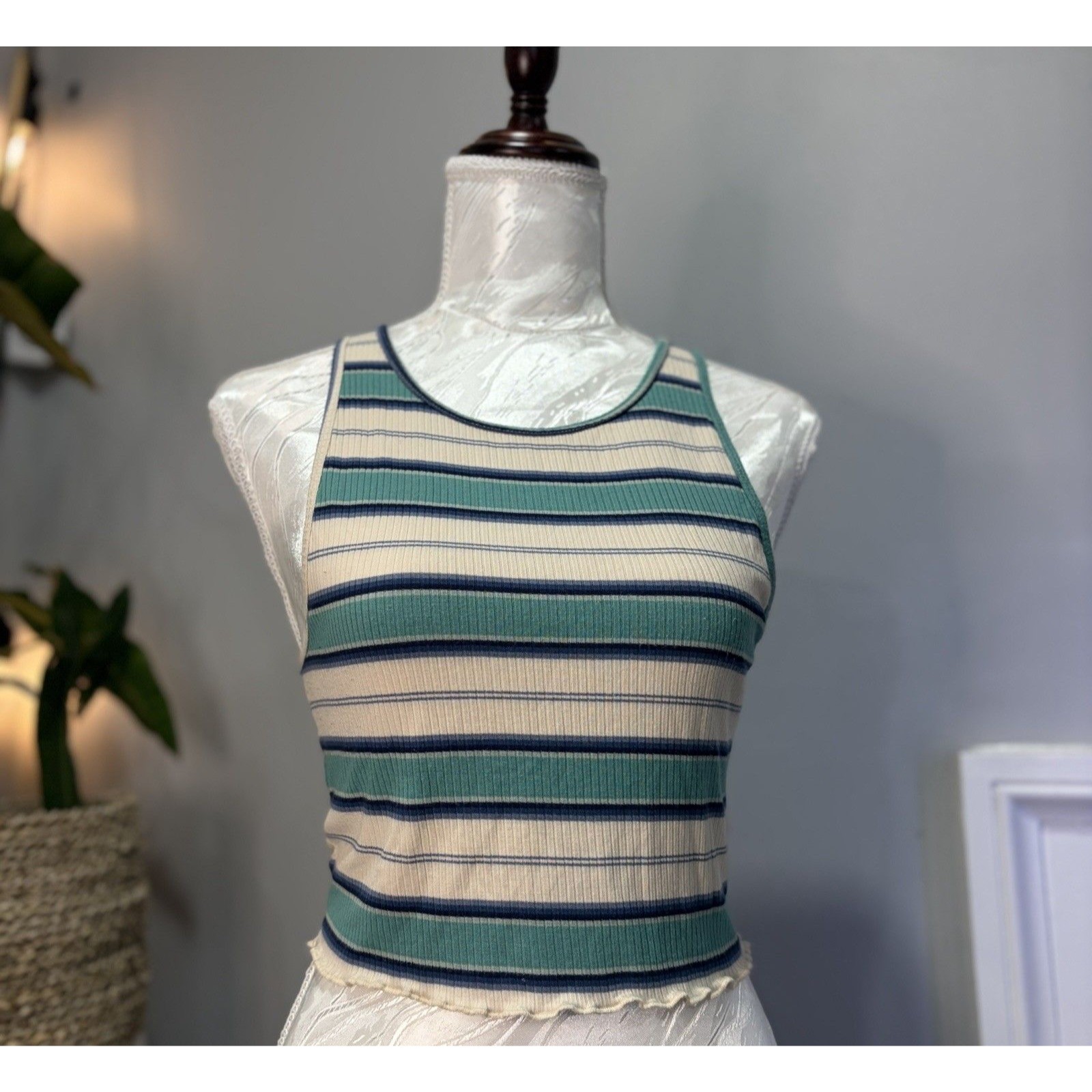 American Eagle Teal Striped Tank Top Medium Ribbed Lettuce Hem Crop Y2k Coastal
